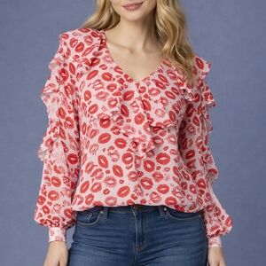 NEW YORK & CO Red Kiss Lips Print Ruffle Jabot Blouson Valentine's Blouse
